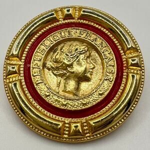 Vintage gold tone red enamel French Republic coin replica statement brooch